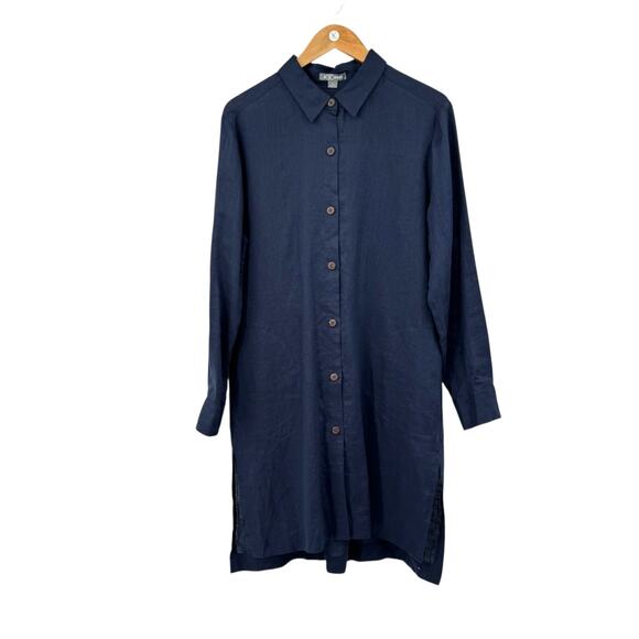 Go Silk Navy Blue 100% Linen Long Sleeves Button Front Shift Shirt Dress - Picture 9 of 13